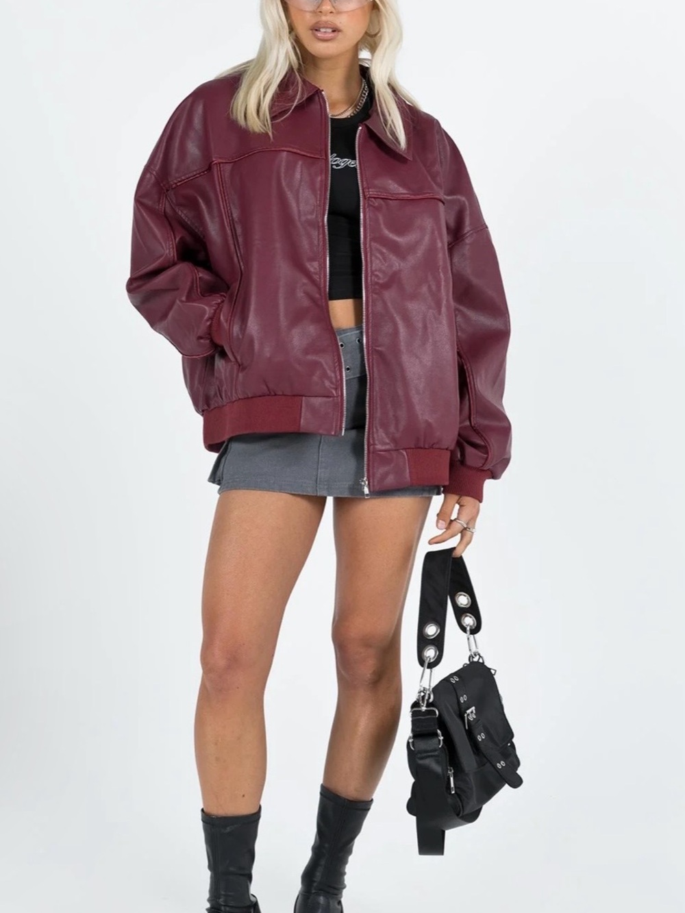 Princess Polly Oversized Faux Leather Bomerg Jacket - Wine